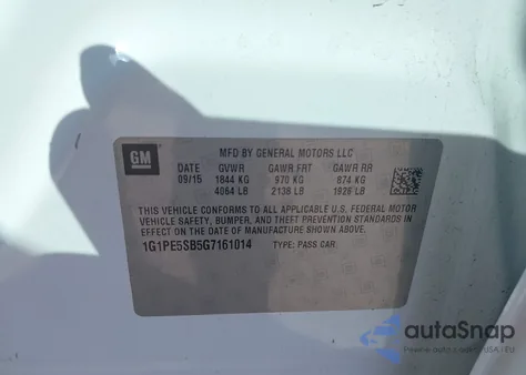 2016 Chevrolet Cruze Limited 1Lt Auto из США, поврежденный, VIN 1G1PE5SB5G7161014